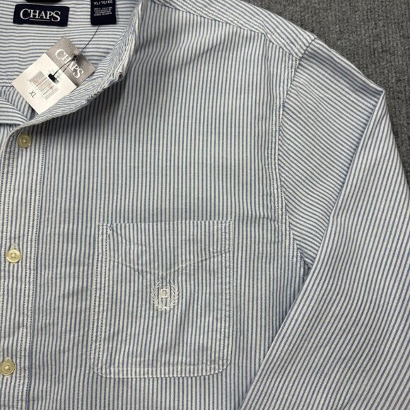 Chaps Long Sleeve Oxford Blue White Stripe Shirt Preppy Office Mens XL NEW - Picture 2 of 9